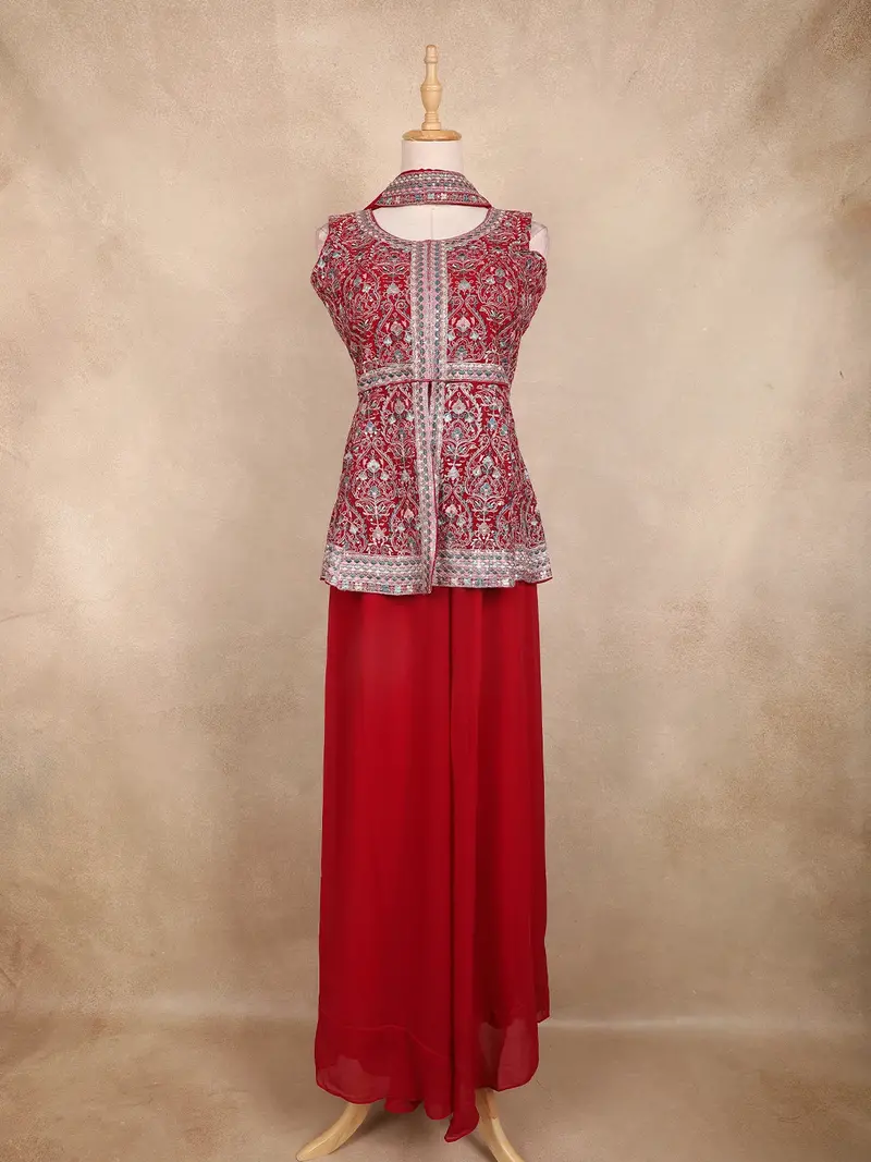 Pink Floral Embroidered Georgette Peplum Palazzo Suit With Choker Dupatta 1