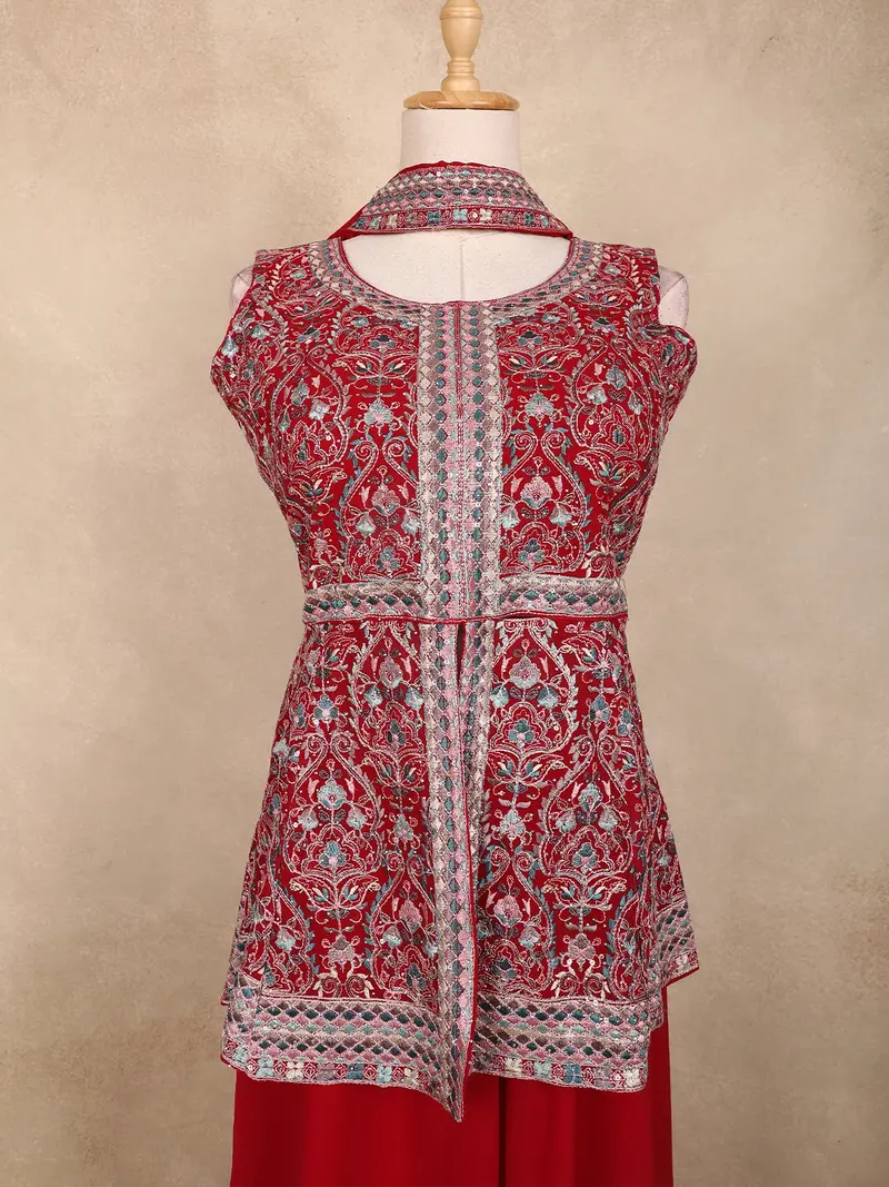 Pink Floral Embroidered Georgette Peplum Palazzo Suit With Choker Dupatta 2