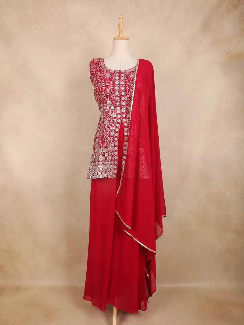 Pink Floral Embroidered Georgette Peplum Palazzo Suit With Dupatta 1