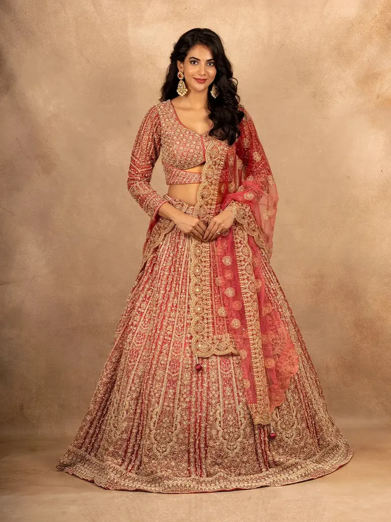Pink Floral Embroidered Net Lehenga For Bridesmaids 1