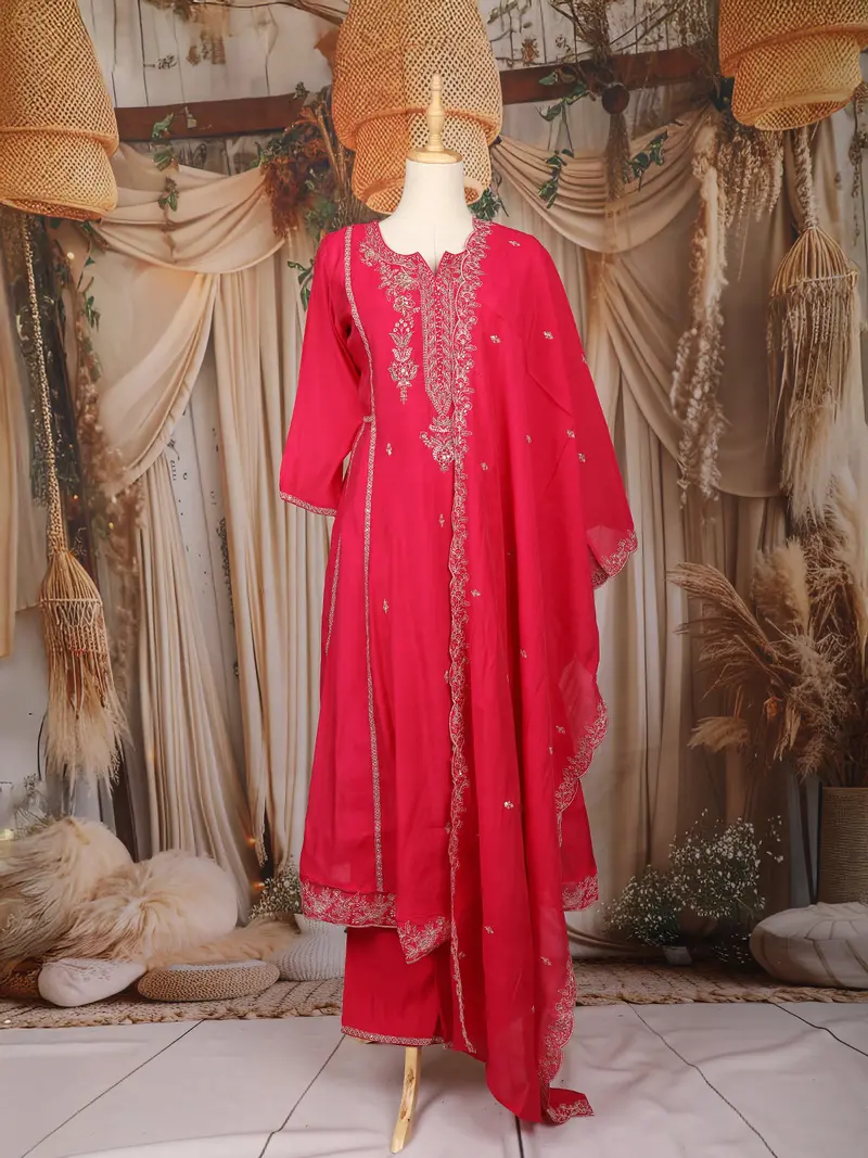 Pink Floral Embroidered Raw Silk Salwar Suit With Matching Dupatta 1