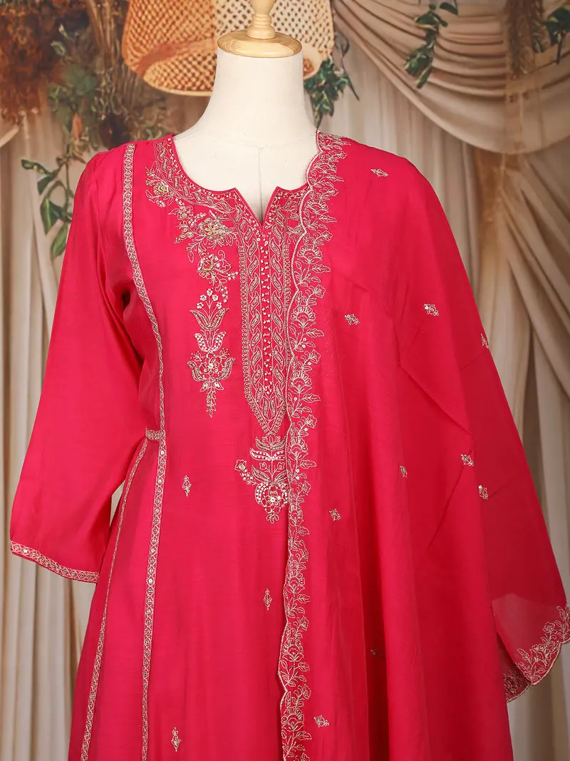 Pink Floral Embroidered Raw Silk Salwar Suit With Matching Dupatta 2