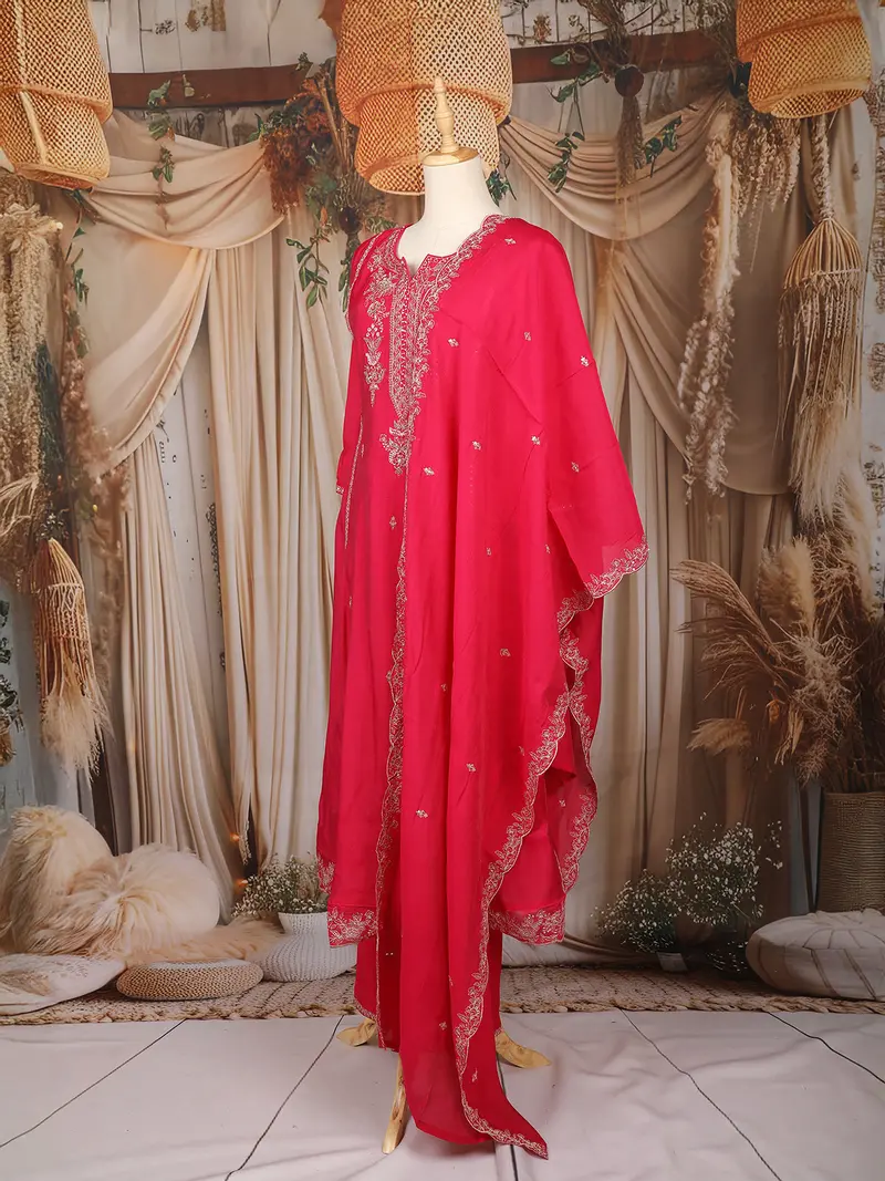Pink Floral Embroidered Raw Silk Salwar Suit With Matching Dupatta 3
