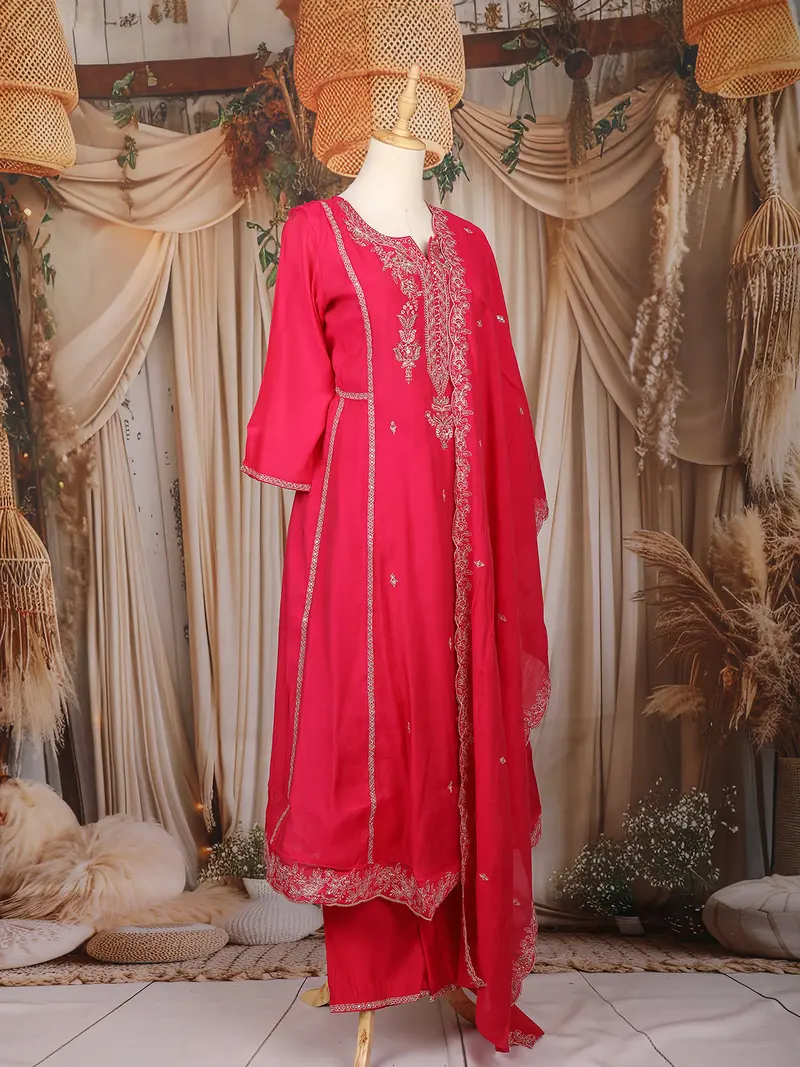 Pink Floral Embroidered Raw Silk Salwar Suit With Matching Dupatta 4
