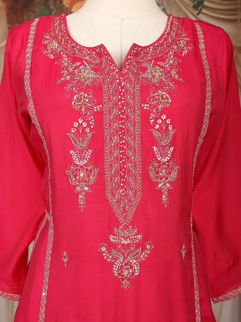 Pink Floral Embroidered Raw Silk Salwar Suit With Matching Dupatta 5