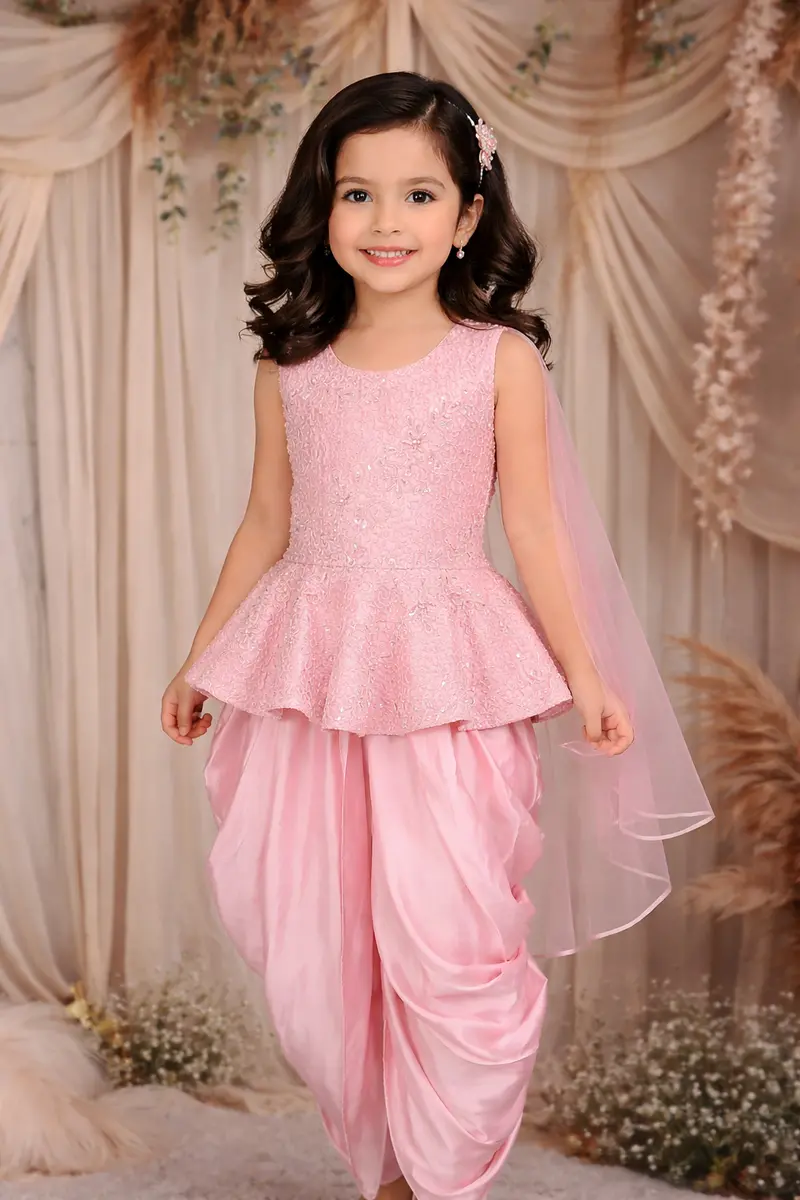 Pink Floral Embroidered Satin Kids Patiala Salwar Suit 1