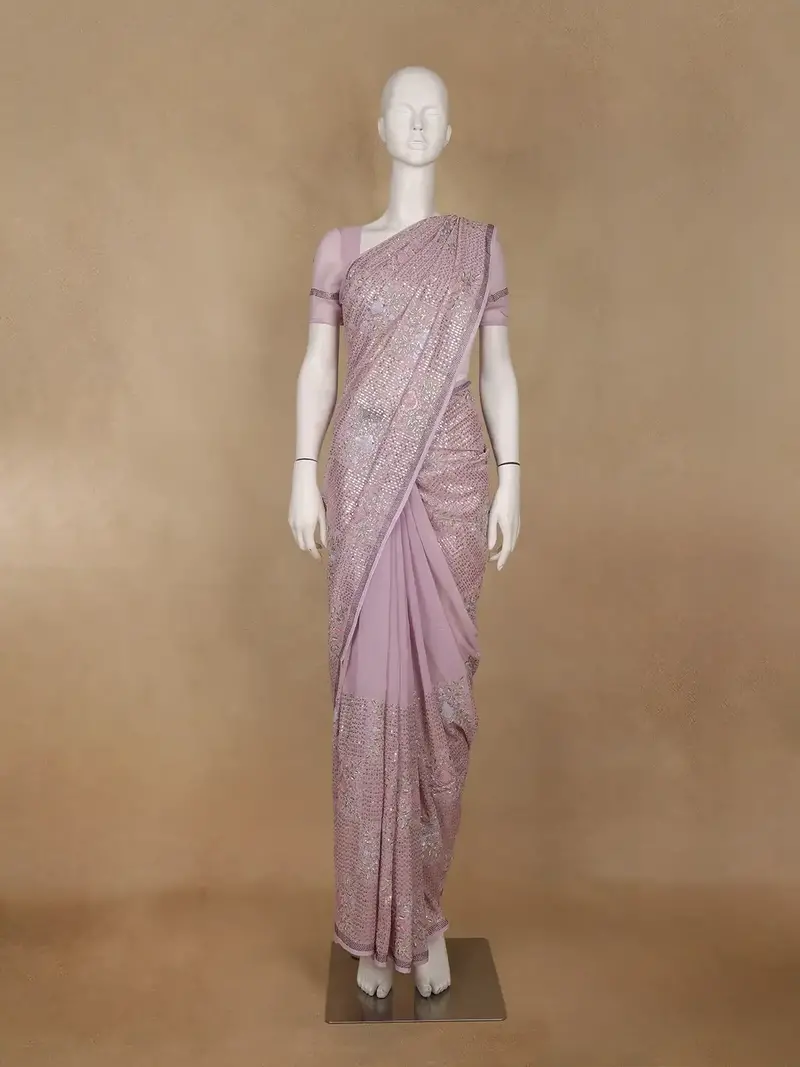Pink Floral Embroidered Sequin Georgette Saree 1