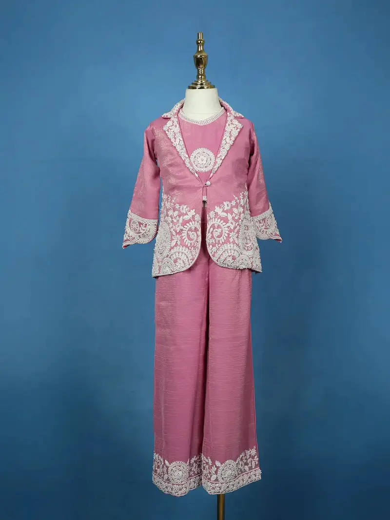Pink Floral Embroidered Shimmer Kids Palazzo Suit With Jacket 1
