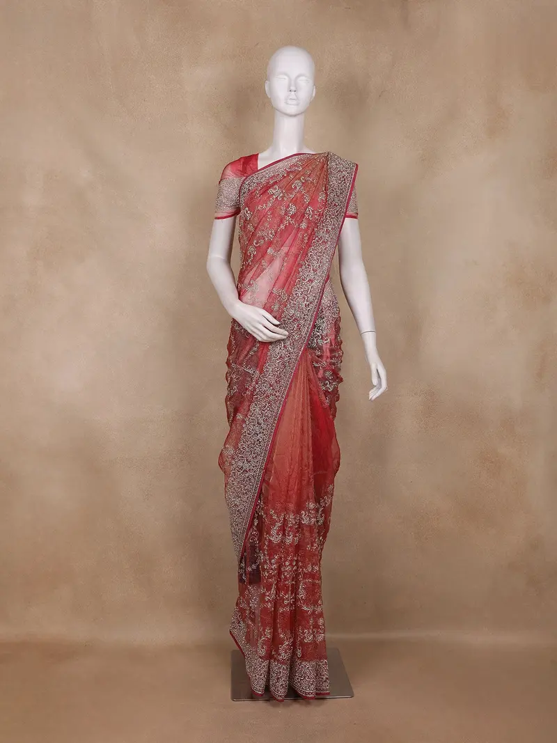 Pink Floral Embroidered Tissue Organza Saree 1