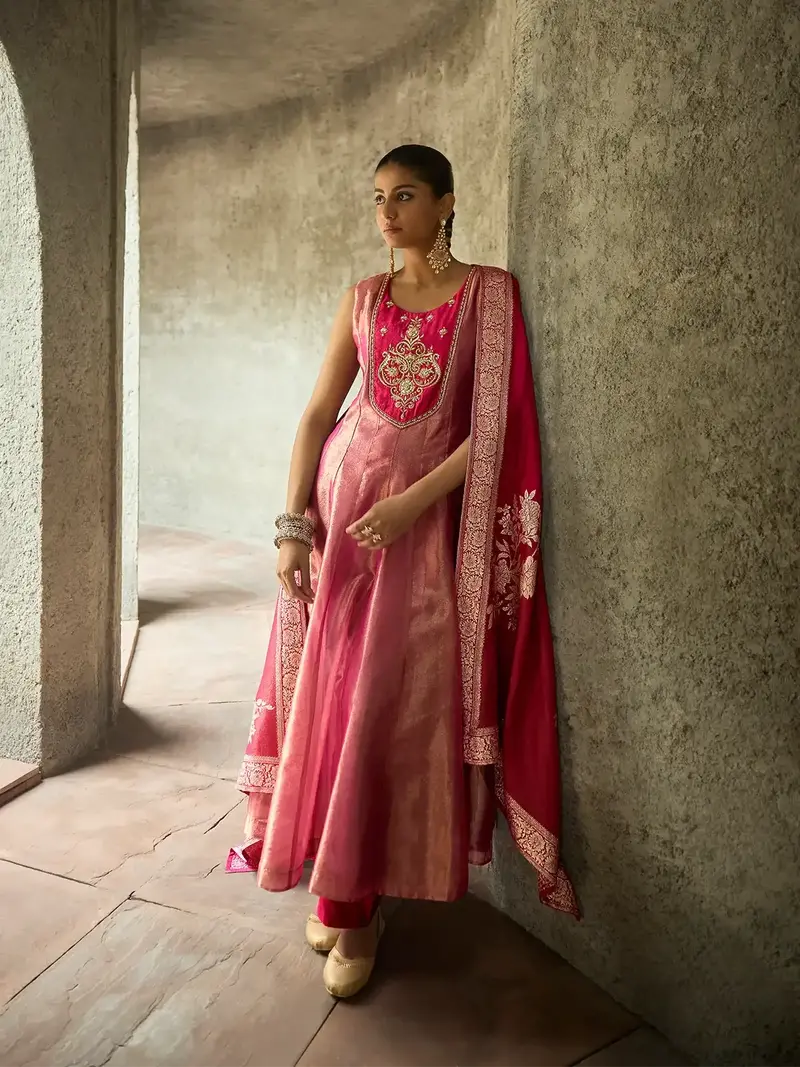 Pink Floral Embroidered Tissue Silk Anarkali Salwar Suit 1
