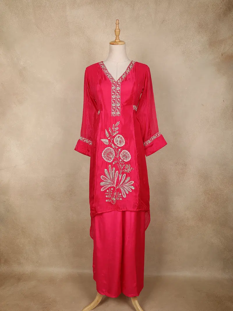 Pink Floral Embroidered Tissue Silk Palazzo Suit 1