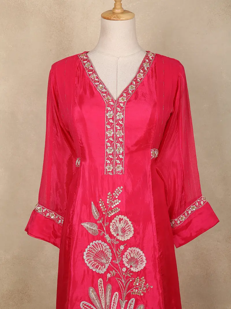Pink Floral Embroidered Tissue Silk Palazzo Suit 2