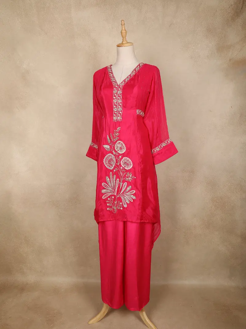 Pink Floral Embroidered Tissue Silk Palazzo Suit 3