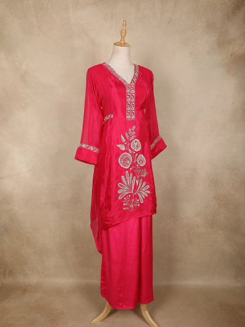 Pink Floral Embroidered Tissue Silk Palazzo Suit 4