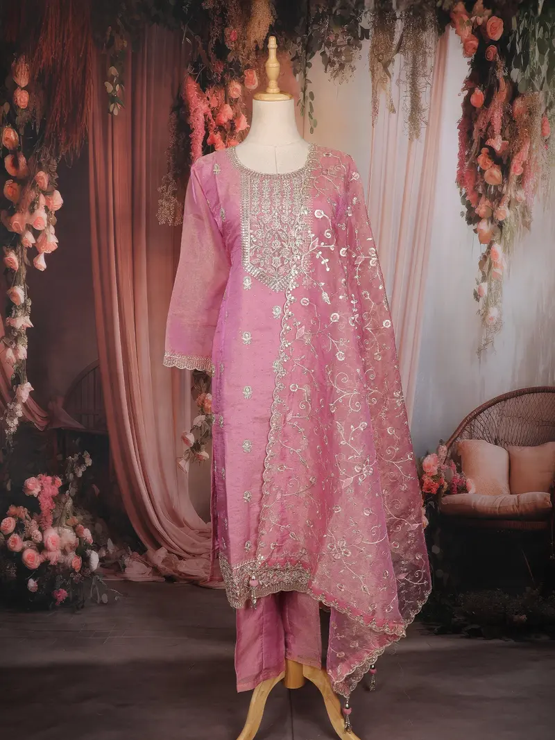 Pink Floral Embroidered Tissue Silk Straight Cut Salwar Suit With Dupatta 1
