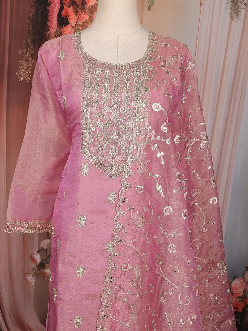 Pink Floral Embroidered Tissue Silk Straight Cut Salwar Suit With Dupatta 2