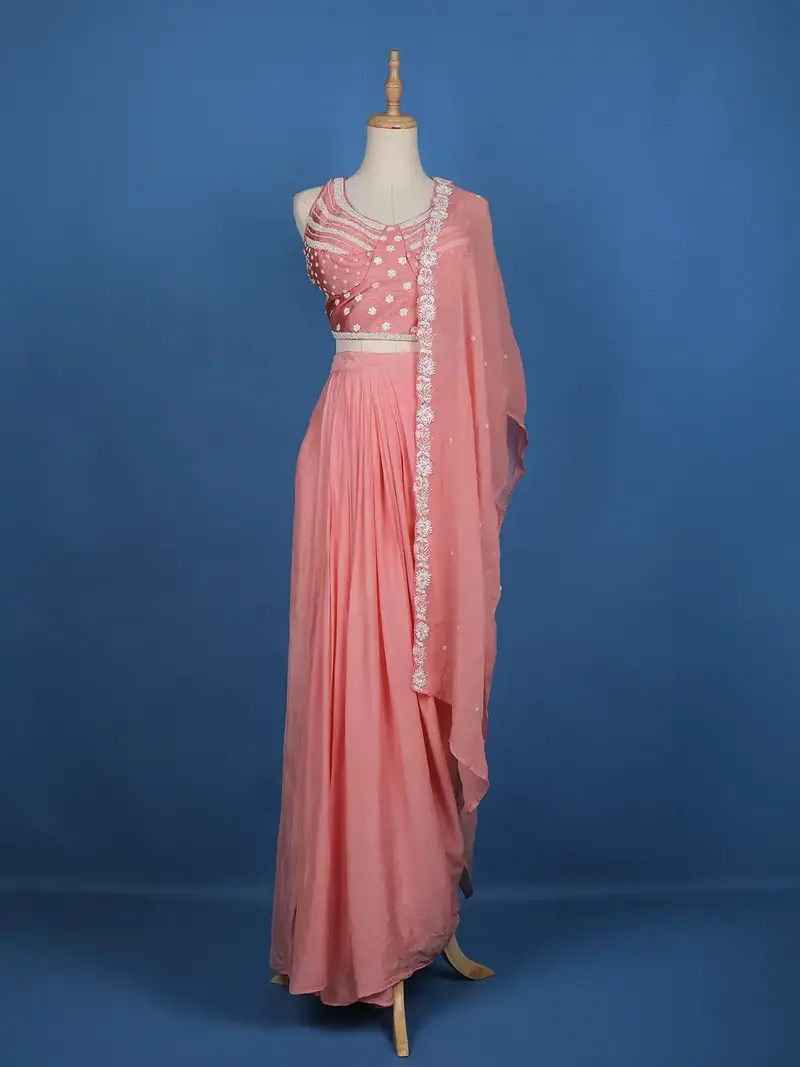 Pink Floral Embroidery Crepe Silk Ready To Wear Saree With Designer Blouse 1