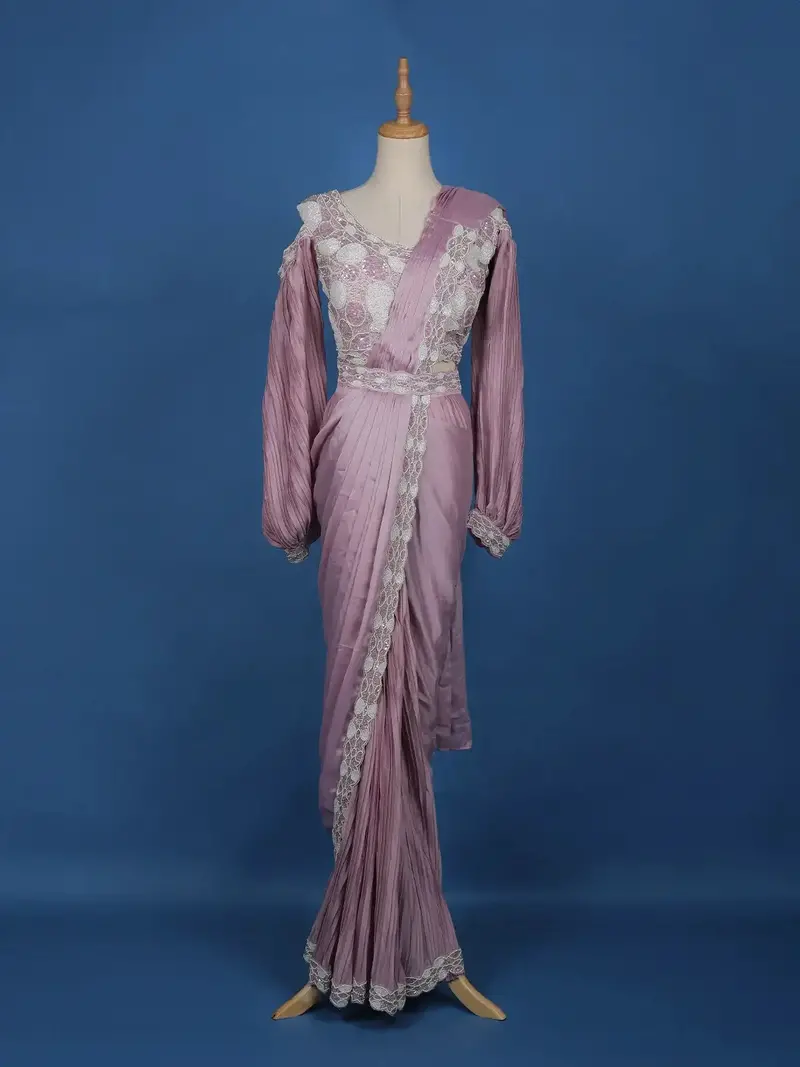 Pink Floral Embroidery Crepe Silk Ready To Wear Saree With Designer Blouse 1