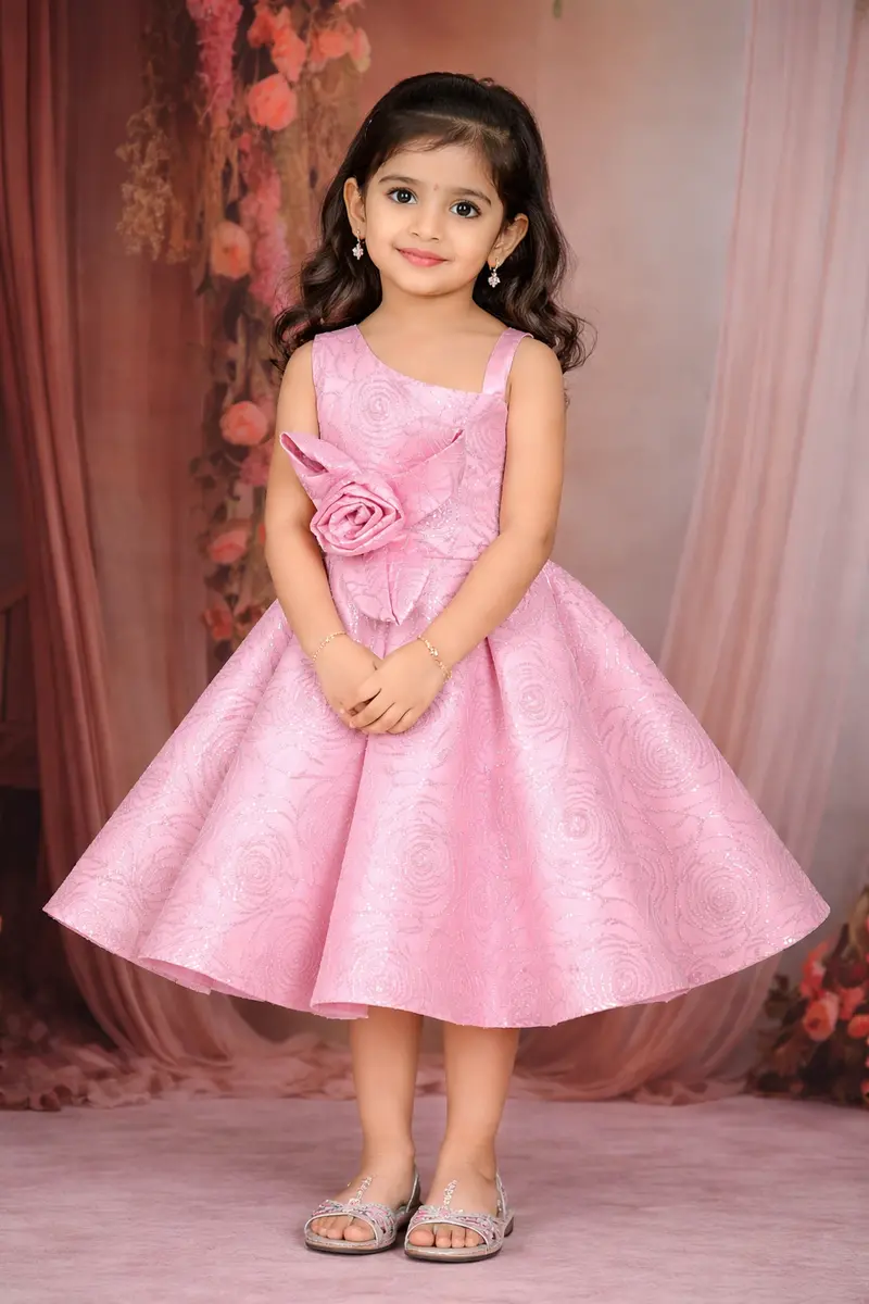 Pink Floral Jacquard Design Net Party Wear Kids Frock 1