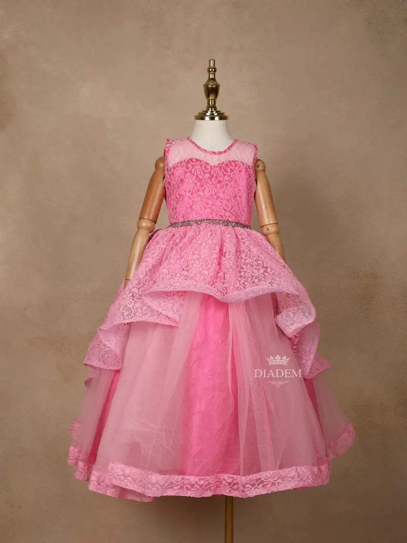 Pink Floral Lace Net Layered Gown 1
