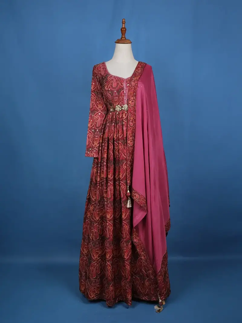 Pink Floral Motif Bead Work Cotton Gown 1