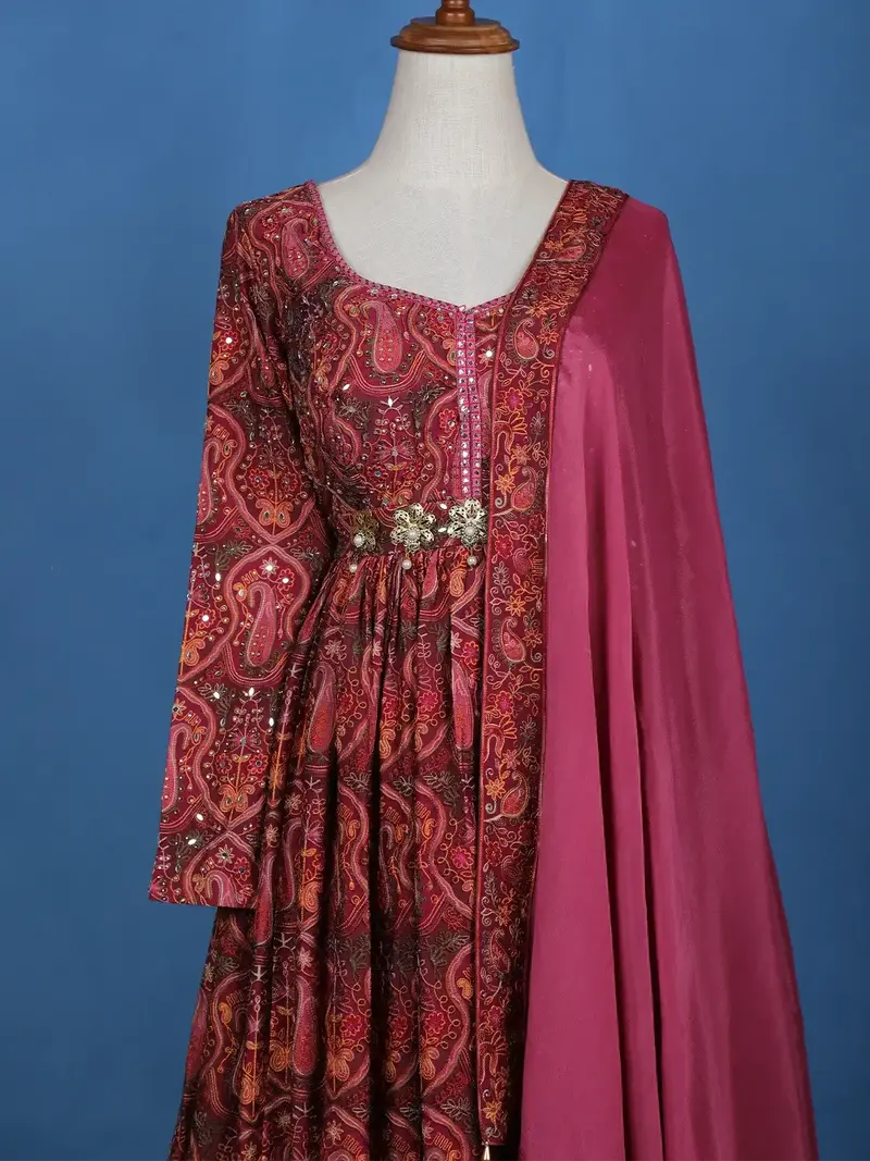 Pink Floral Motif Bead Work Cotton Gown 2