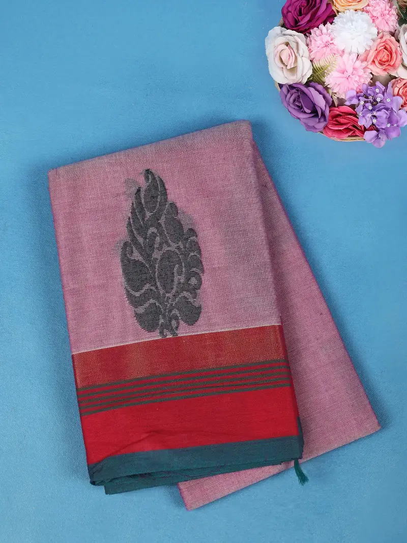 Pink Floral Motif Design Cotton Saree With Red Contrast Border 1