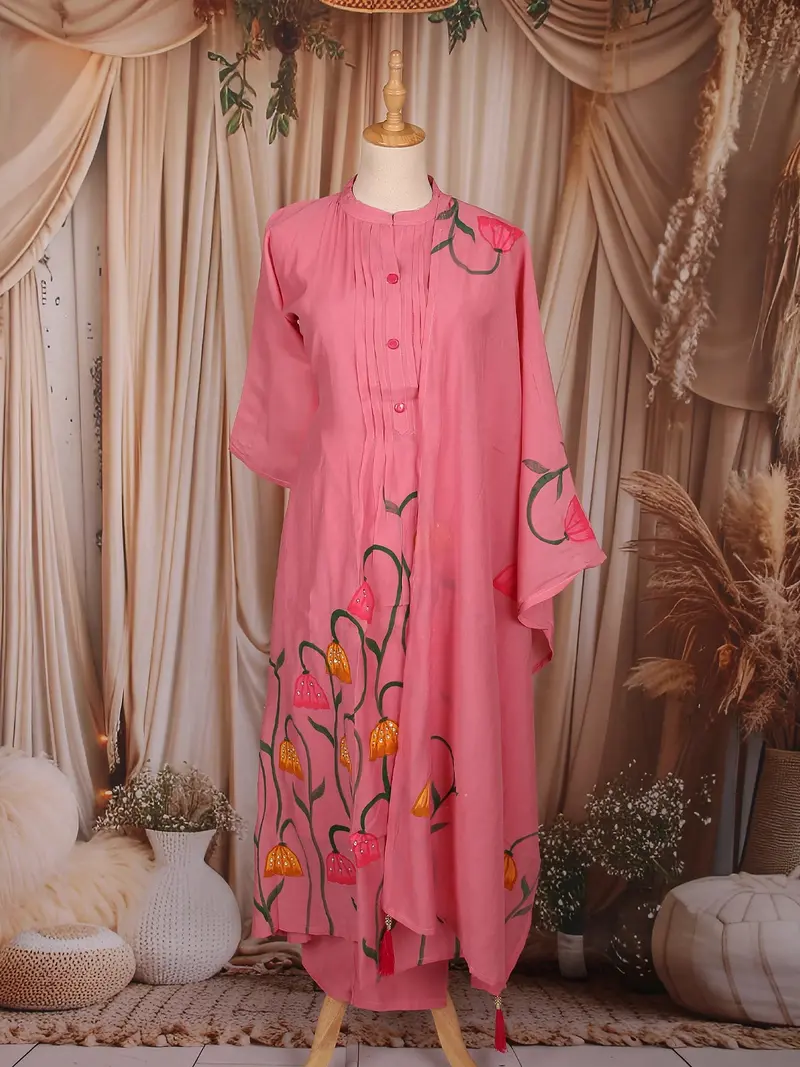Pink Floral Painted Cotton Salwar Suit With Dupatta 1