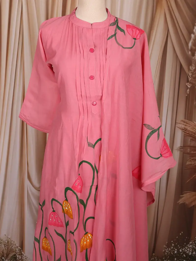Pink Floral Painted Cotton Salwar Suit With Dupatta 2