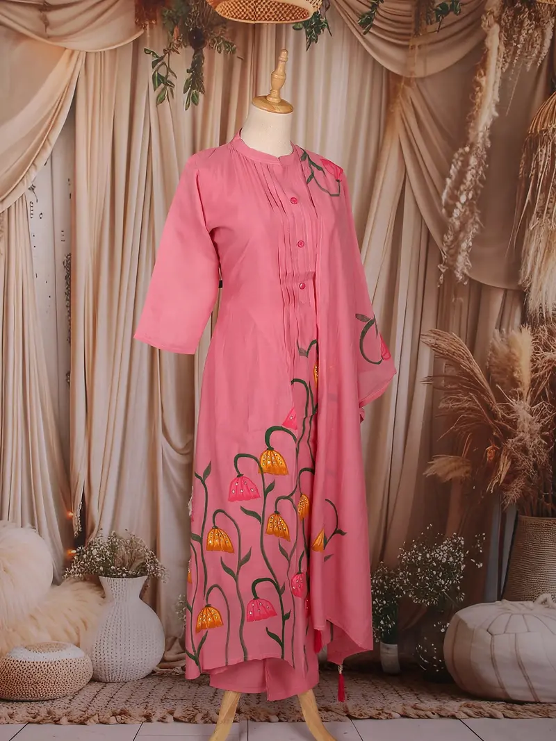 Pink Floral Painted Cotton Salwar Suit With Dupatta 4