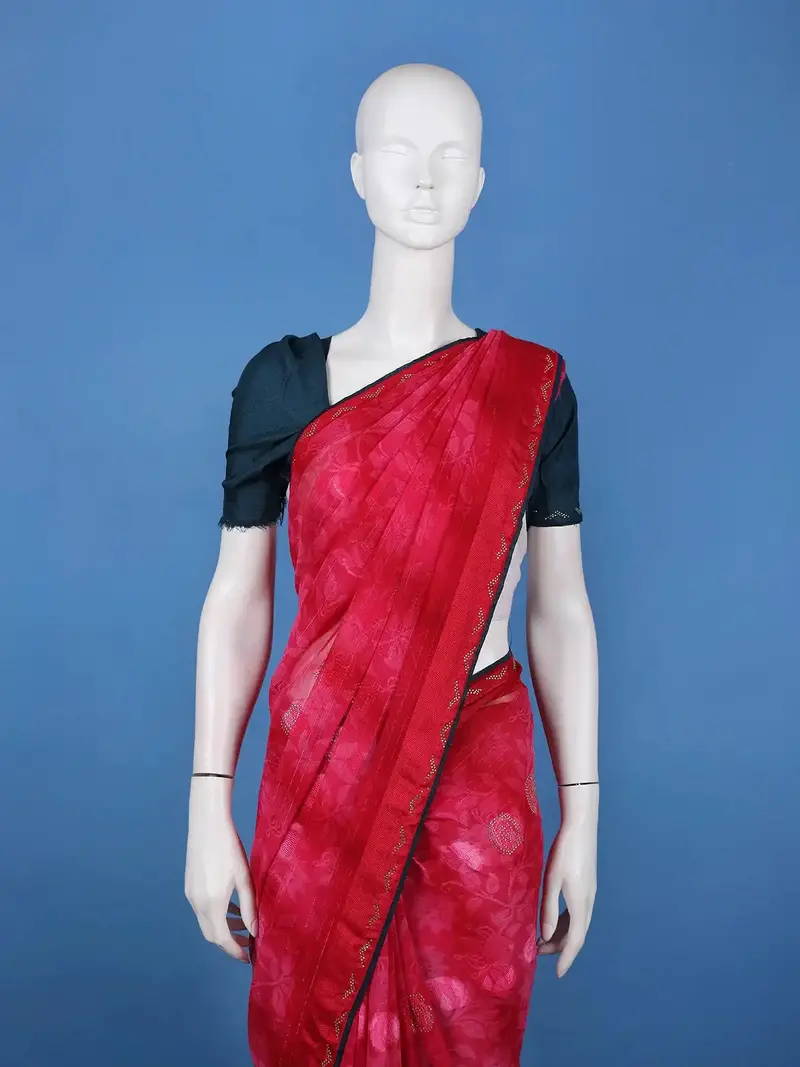 Pink Floral Print Chiffon Saree 2