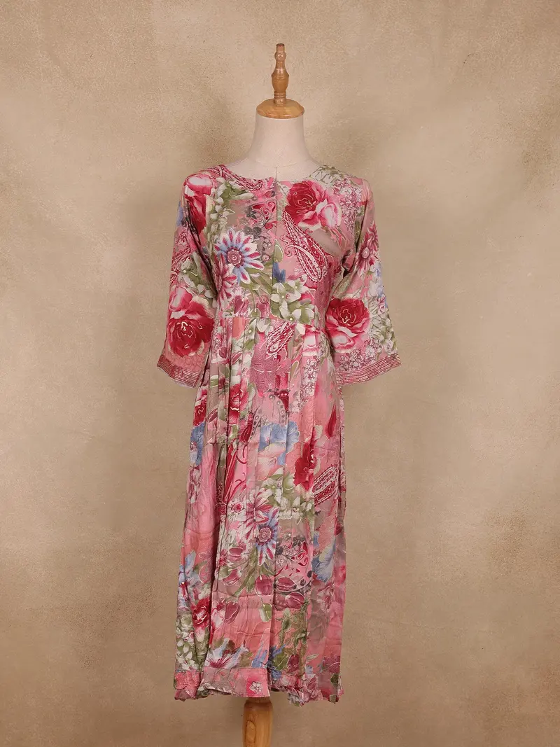Pink Floral Print Design Cotton Kurti 1
