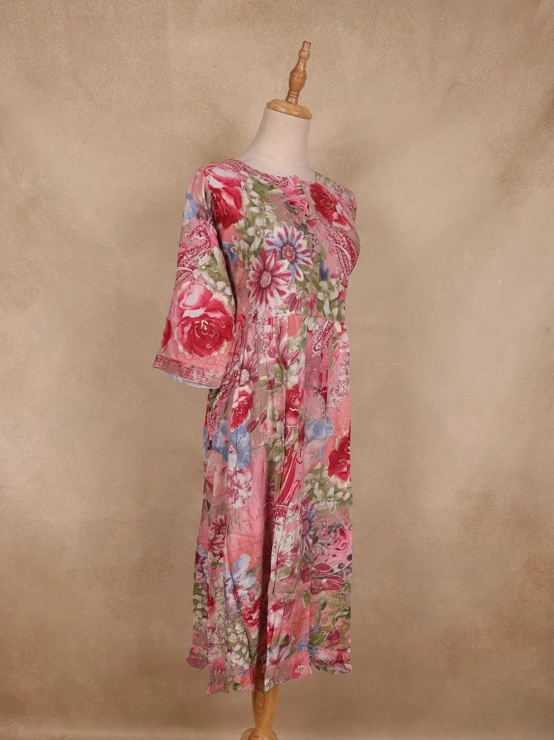 Pink Floral Print Design Cotton Kurti 4