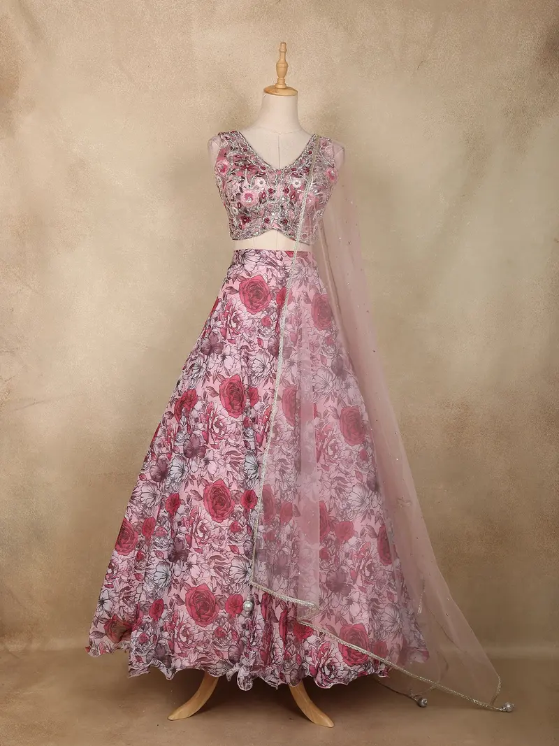 Pink Floral Printed And Sequins Embroidered Design Chiffon Bridesmaids Lehenga 1