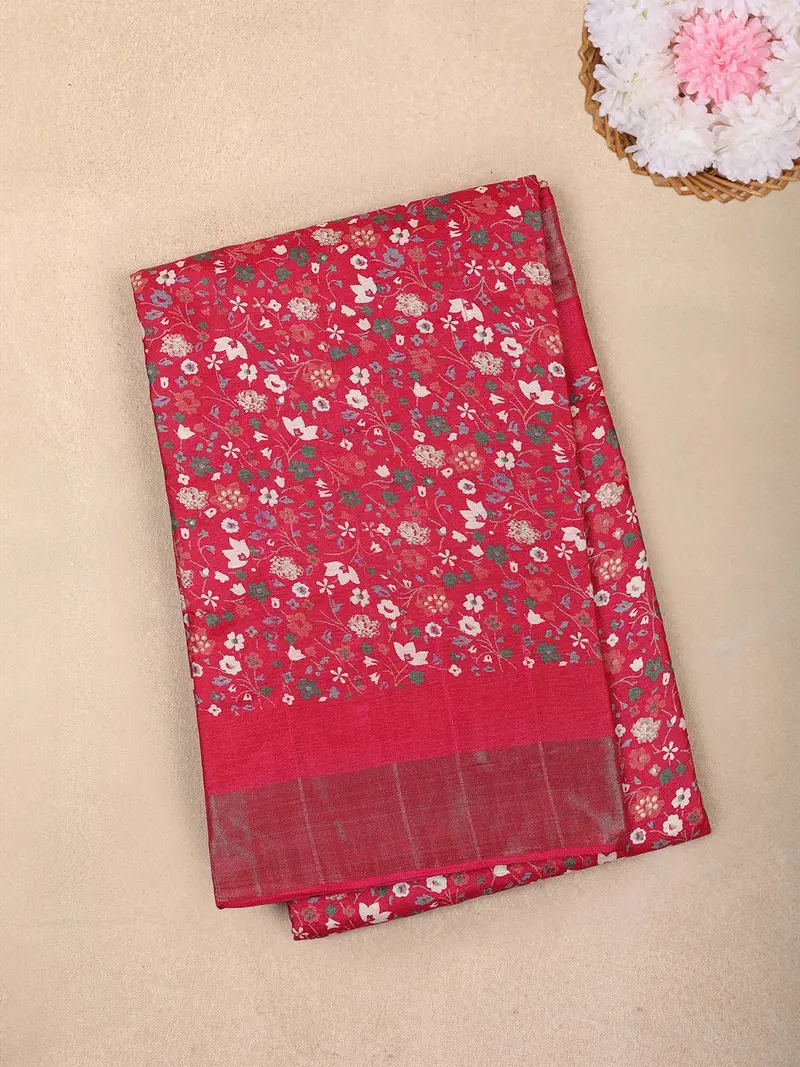 Pink Floral Printed Chanderi Cotton Saree With Contrast Border 1