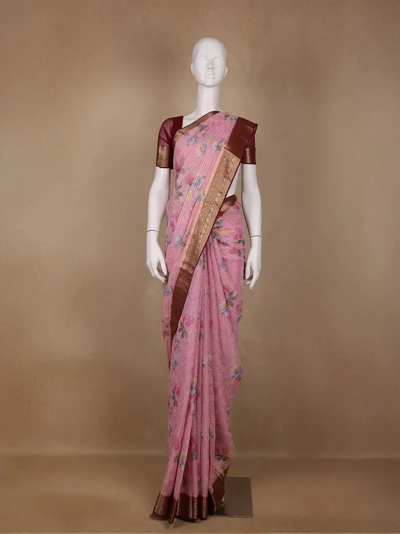 Pink Floral Printed Chiffon Saree 1