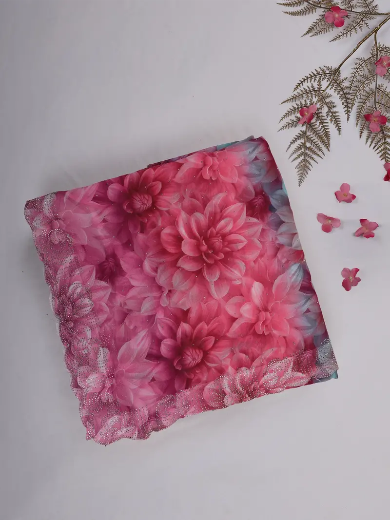 Pink Floral Printed Chiffon Saree 1