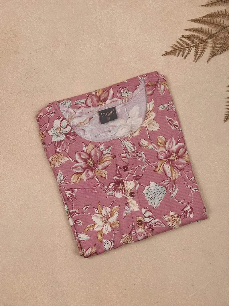 Pink Floral Printed Cotton Rayon Kurti 1
