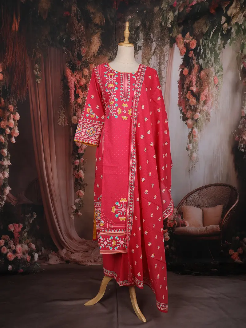 Pink Floral Printed Cotton Salwar Suit With Dupatta 1