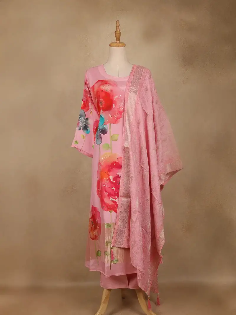 Pink Floral Printed Cotton Salwar Suit With Dupatta 1