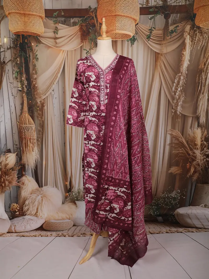 Pink Floral Printed Cotton Salwar Suit With Dupatta 1