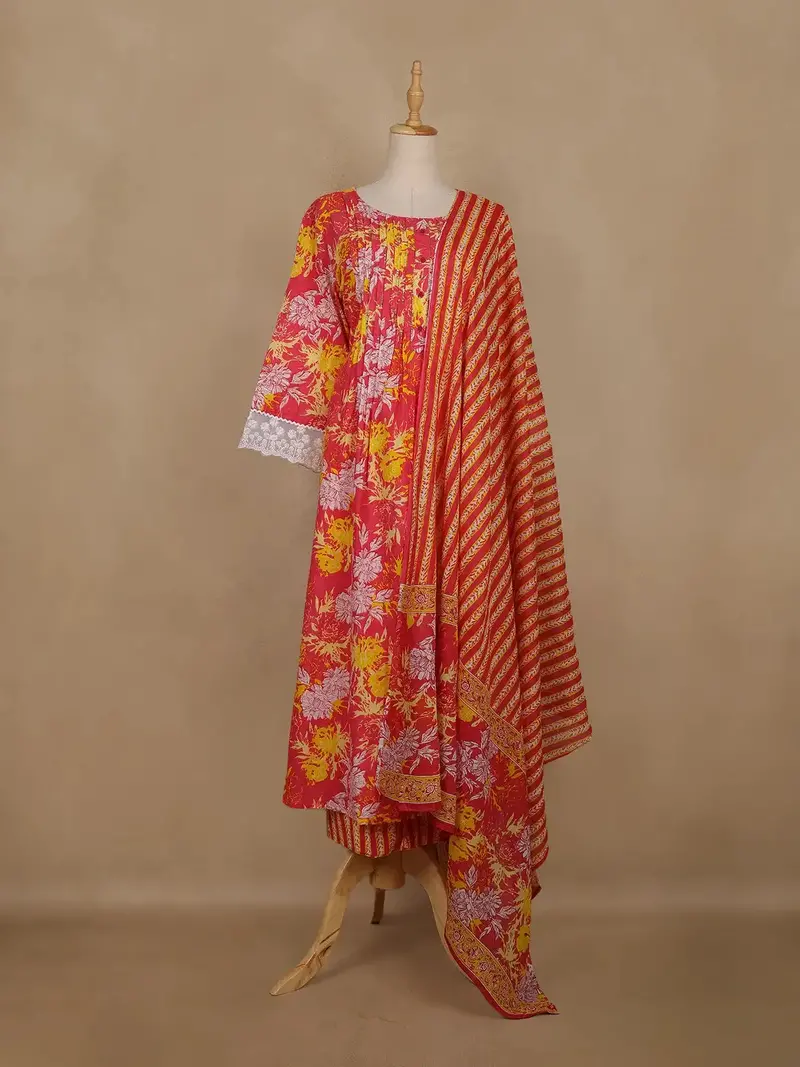 Pink Floral Printed Cotton Salwar Suit With Dupatta 2