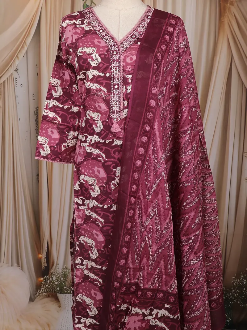 Pink Floral Printed Cotton Salwar Suit With Dupatta 2