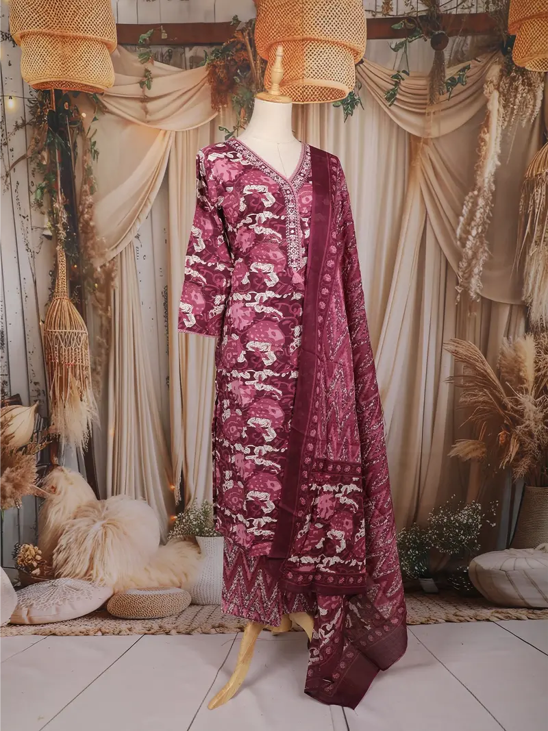 Pink Floral Printed Cotton Salwar Suit With Dupatta 3