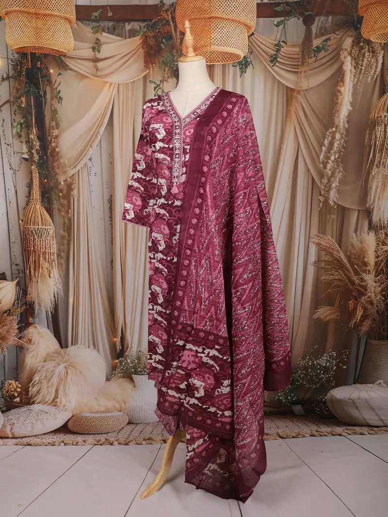 Pink Floral Printed Cotton Salwar Suit With Dupatta 4
