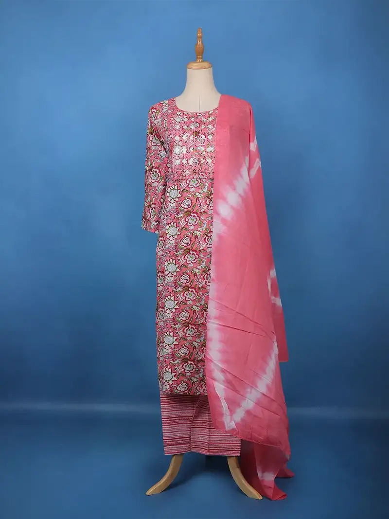 Pink Floral Printed Cotton Straight Cut Salwar Suit 1