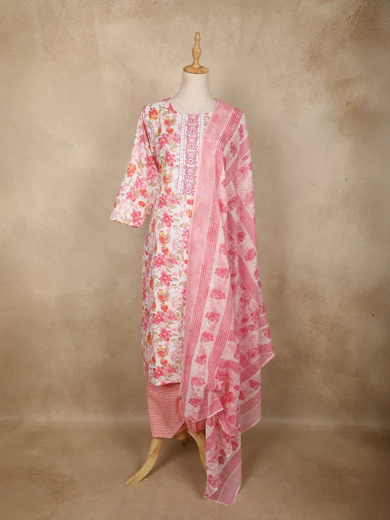 Pink Floral Printed Cotton Straight Cut Salwar Suit With Dupatta 1