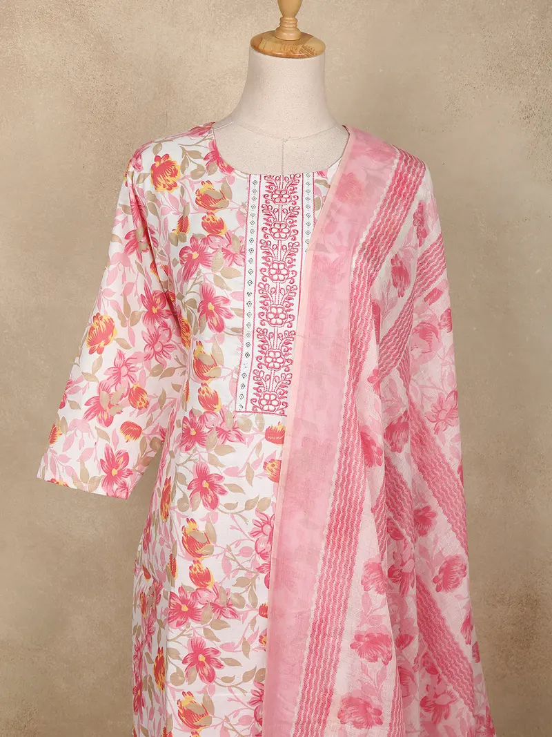 Pink Floral Printed Cotton Straight Cut Salwar Suit With Dupatta 2