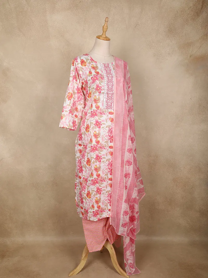 Pink Floral Printed Cotton Straight Cut Salwar Suit With Dupatta 4