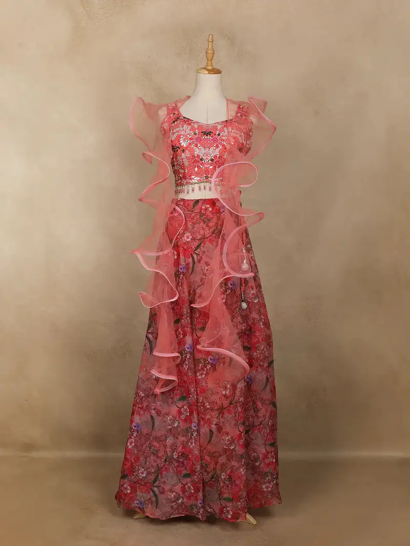 Pink Floral Printed Design Crepe Bridesmaids Lehenga 1